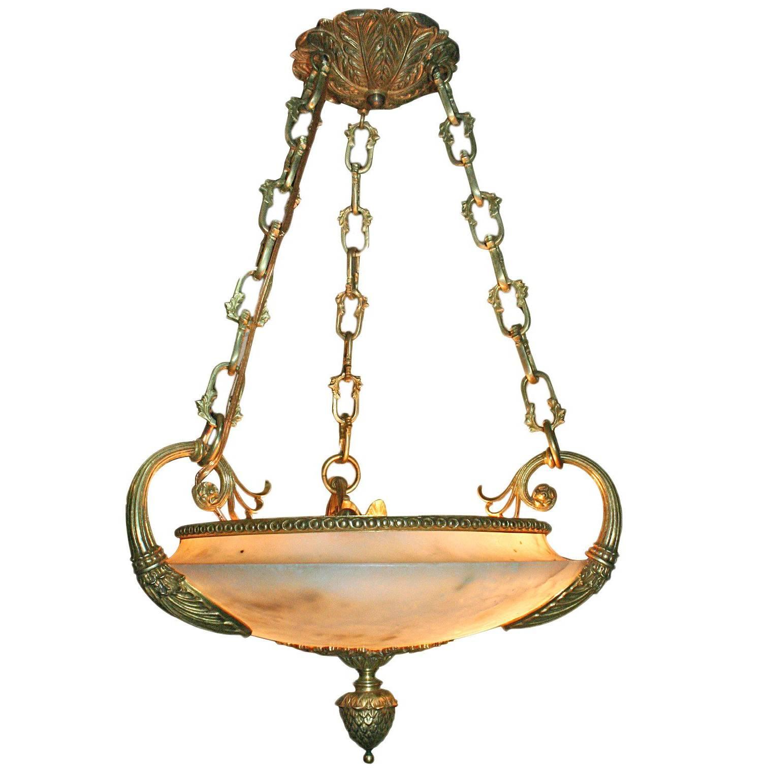 Neoclassic Alabaster Light Fixture with Bronze Insets