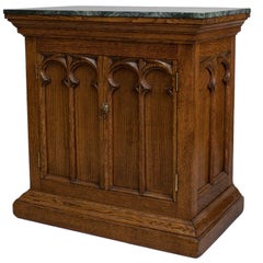 Turn of the Century English Gothic Revival Marble and Oak Commode