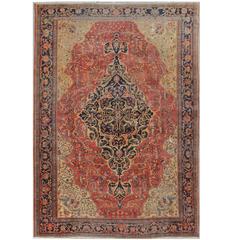 Antique Fine Persian Sarouk Farahan Rug with Medallion in Rust, Green and Blue