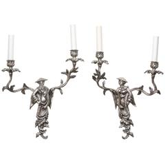 Pair of Silver Plate Chinoiserie Wall Sconces