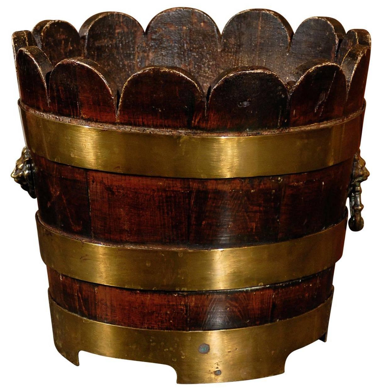 English Wooden Bucket with Brass Bands and Scalloped Top, circa 1900