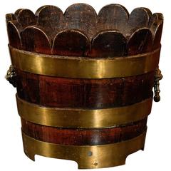 English Wooden Bucket with Brass Bands and Scalloped Top, circa 1900