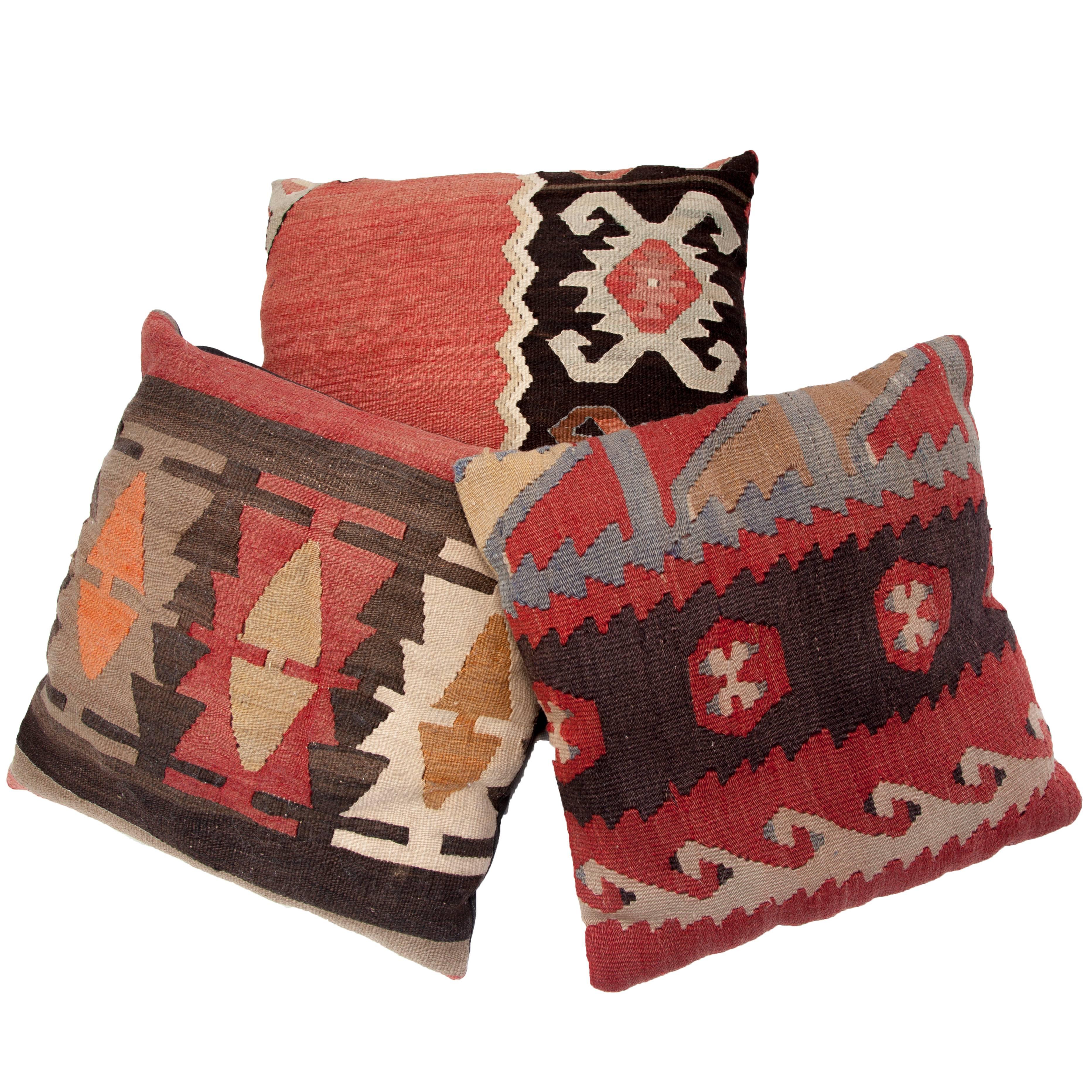 Kilim Rugs Made into Turkish Pillows, Three-Piece Set For Sale
