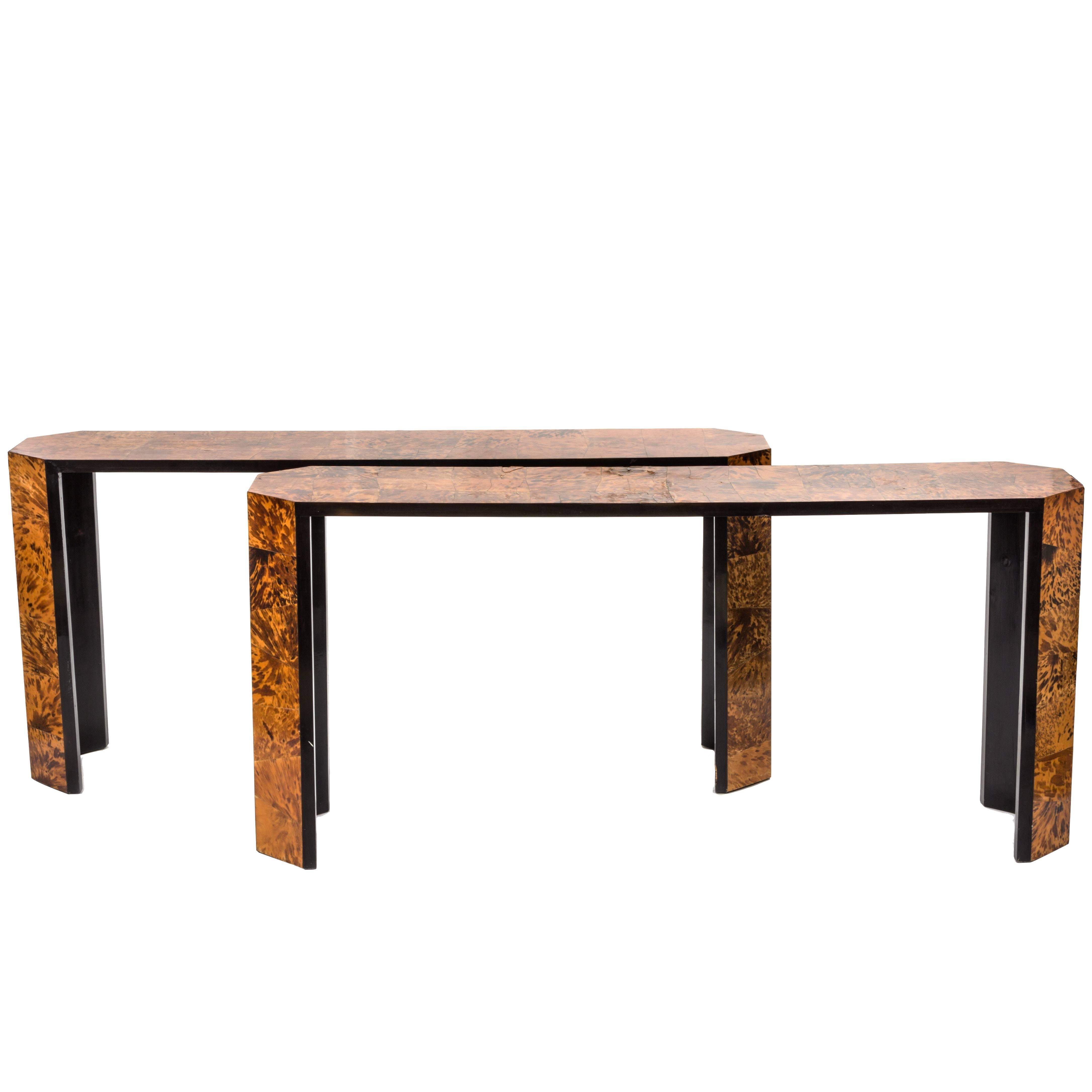 Great Pair of Faux Tortoise Shell Modernist Console Tables