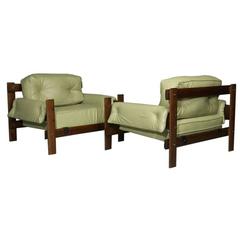 Pair of Brazilian Green Leather and Exotic Wood Armchairs