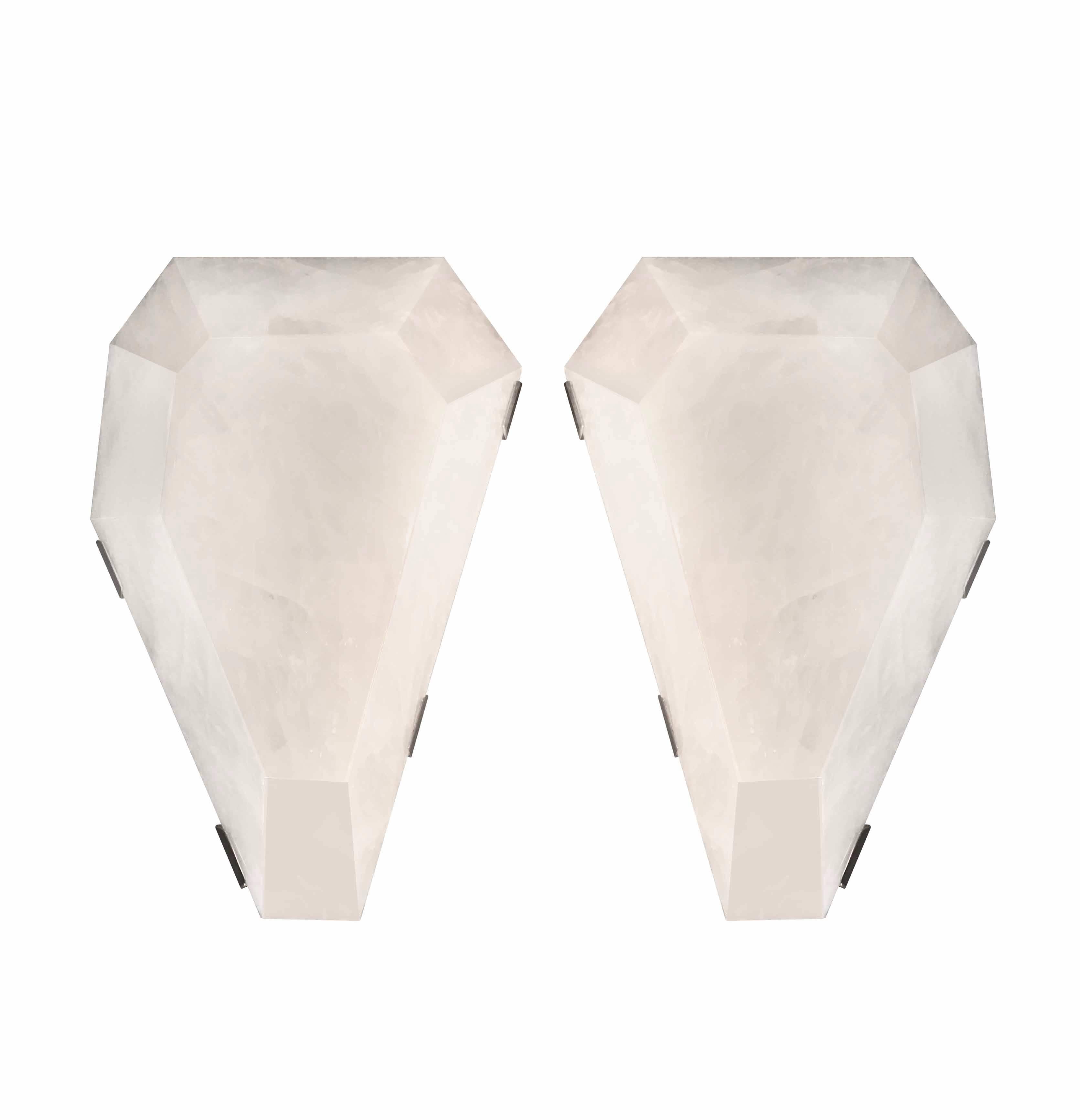 Pair of Carved Diamond Form Rock Crystal Sconces