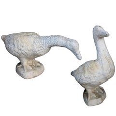 Vintage Whimsical Pair of French White-Painted Concrete Geese
