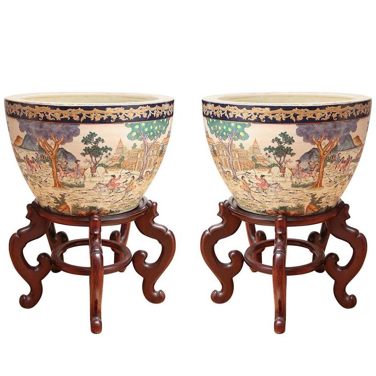 Large Chinese Fishbowl On Carved Stand For At 1stdibs Large Chinese Fishbowl On Carved Stand For