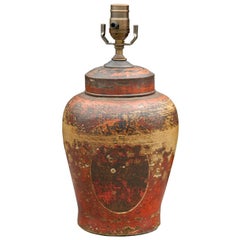English Vintage Red Terracotta and Tin Table Lamp from the Mid-20th Century