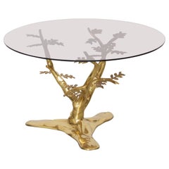 Brass Tree Sculpture Coffee Table with Round Glass Top