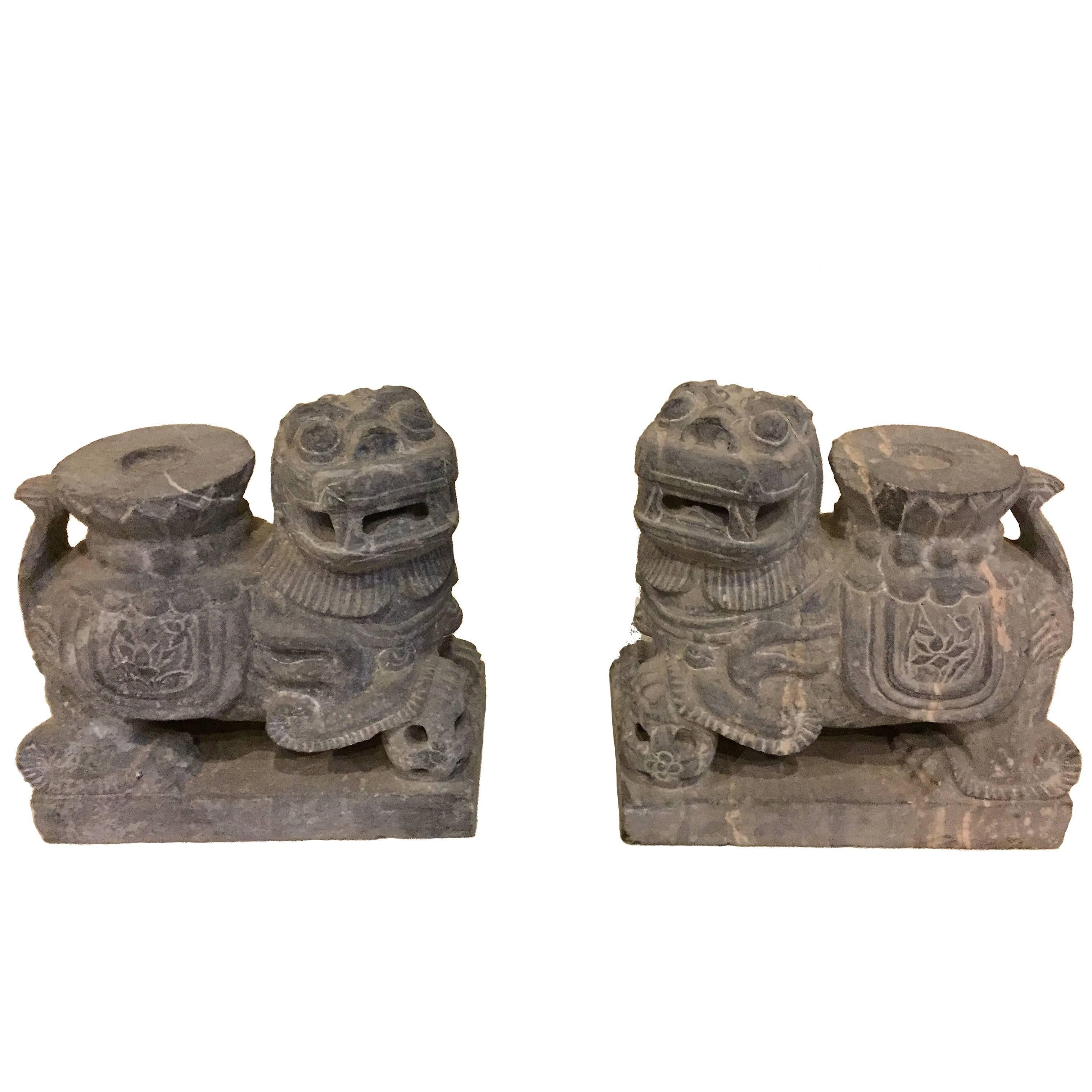 Granite Stone Statues, Foo Dogs Candle Holders For Sale