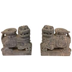 Vintage Granite Stone Statues, Foo Dogs Candle Holders