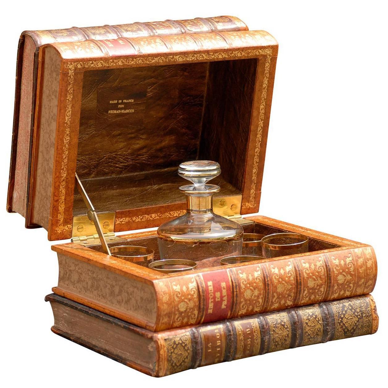 French Decanter Set in Leather Faux Books Made for Neiman Markus from the 1920s