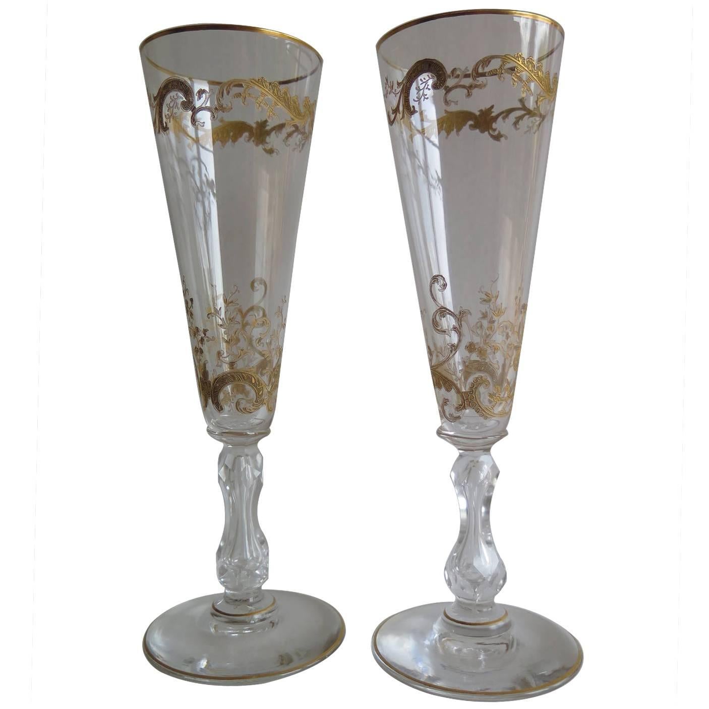 19th Century Pair of Gilded Champagne Flutes or Wine Glasses, French circa 1880
