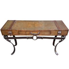 World Map Suitcase Table with Leather Straps and Buckles 11