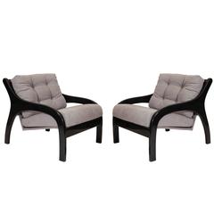 Black Fauteuils, Lacquer with Contemporary Grey Fabric 5