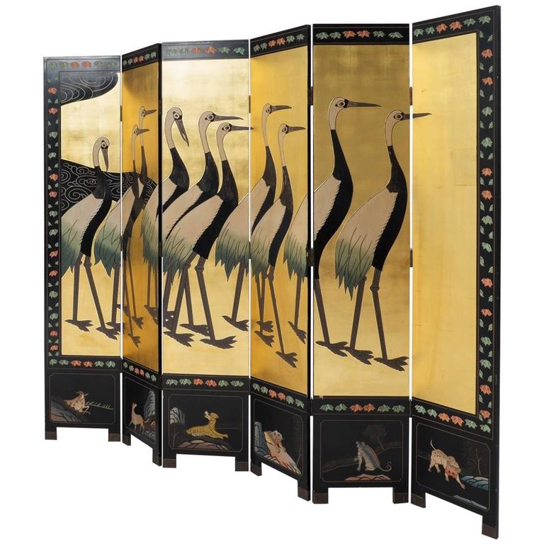 Large Folding Screen with Decorative Panels in Gold Leaf For Sale at