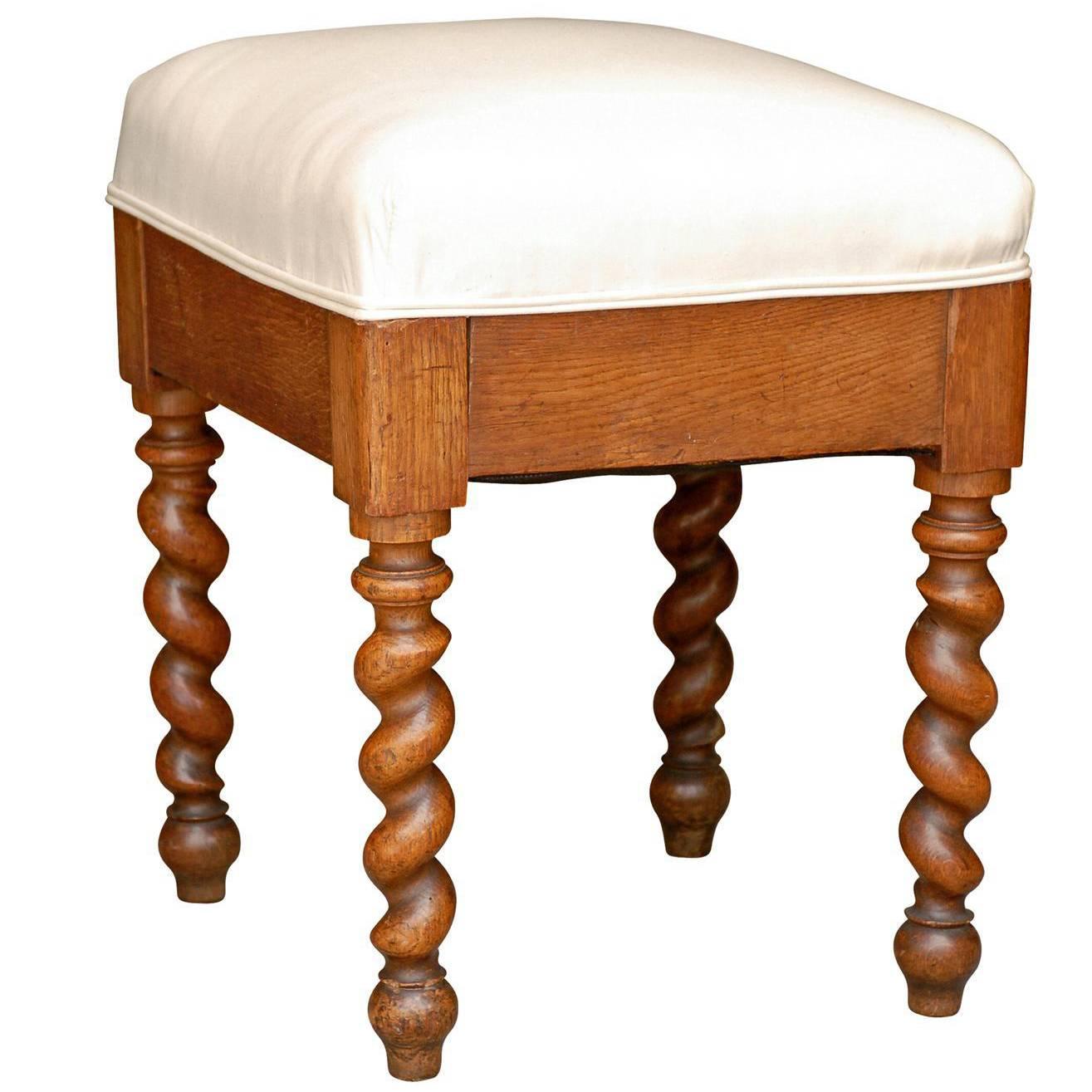 French Wooden Barley Twist Stool with Upholstered Seat, Late 19th Century For Sale