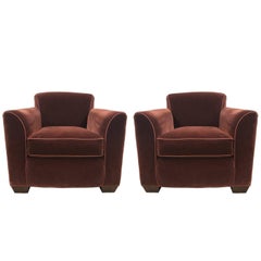 Pair of Art Deco Style Mohair Velvet with Leather Trim Lounge Chairs 9