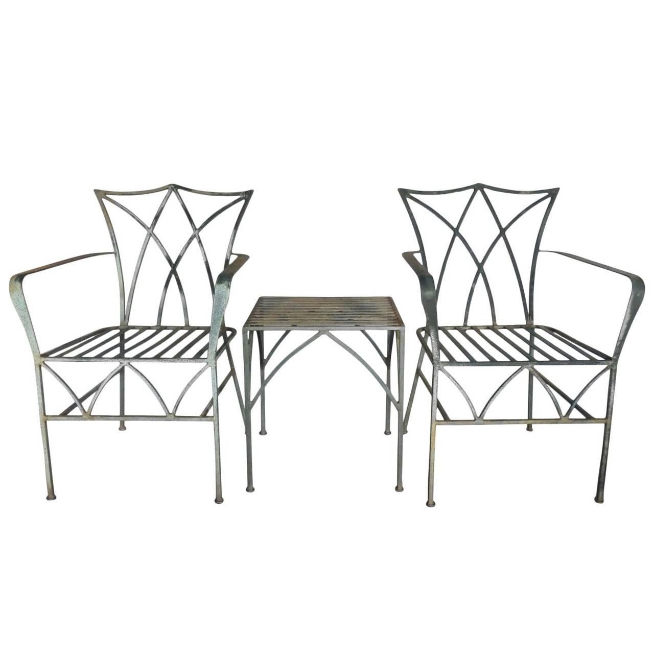 Pair of Elegant Salterini Wrought Iron Chairs with Table
