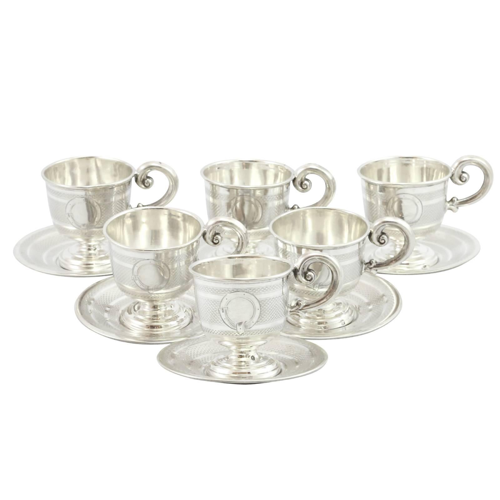 Set of Six Continental Silver Demitasse Cup and Saucers For Sale