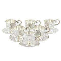 Set of Six Continental Silver Demitasse Cup and Saucers