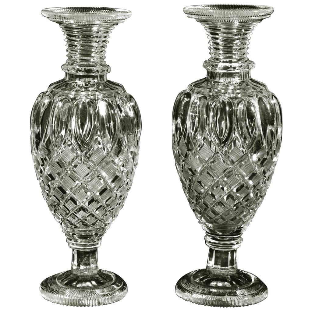 Pair of Clear Cut-Glass French Vases in the Restoration Taste