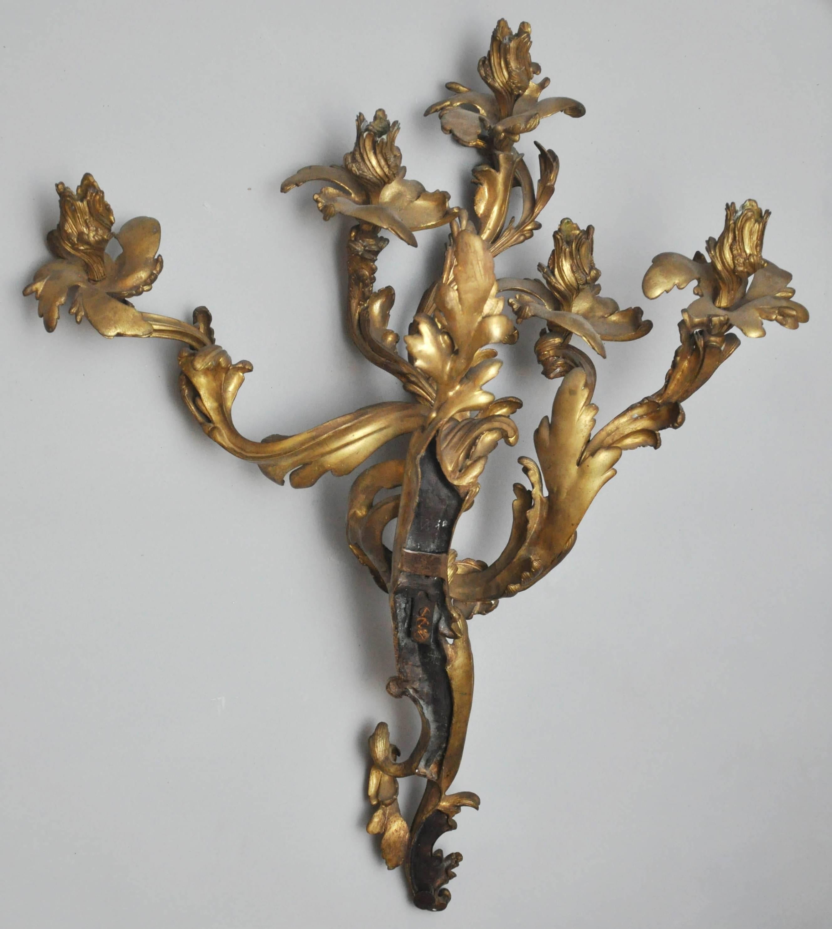Set of Four Monumental Gilt Bronze Five-Light Candelabra Sconces, Paris, 1860 For Sale 3