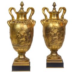 Fantastic Pair of Neoclassical Gilt Bronze Figural Urns Marked F.Barbedienne