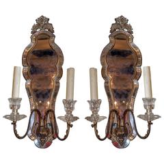 Pair of Mirrored-Back Two-Arm Wall Light Sconces Attributed to Baguès
