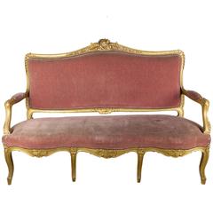 French Louis XV Style Gilt Settee in Faded Salmon Velvet