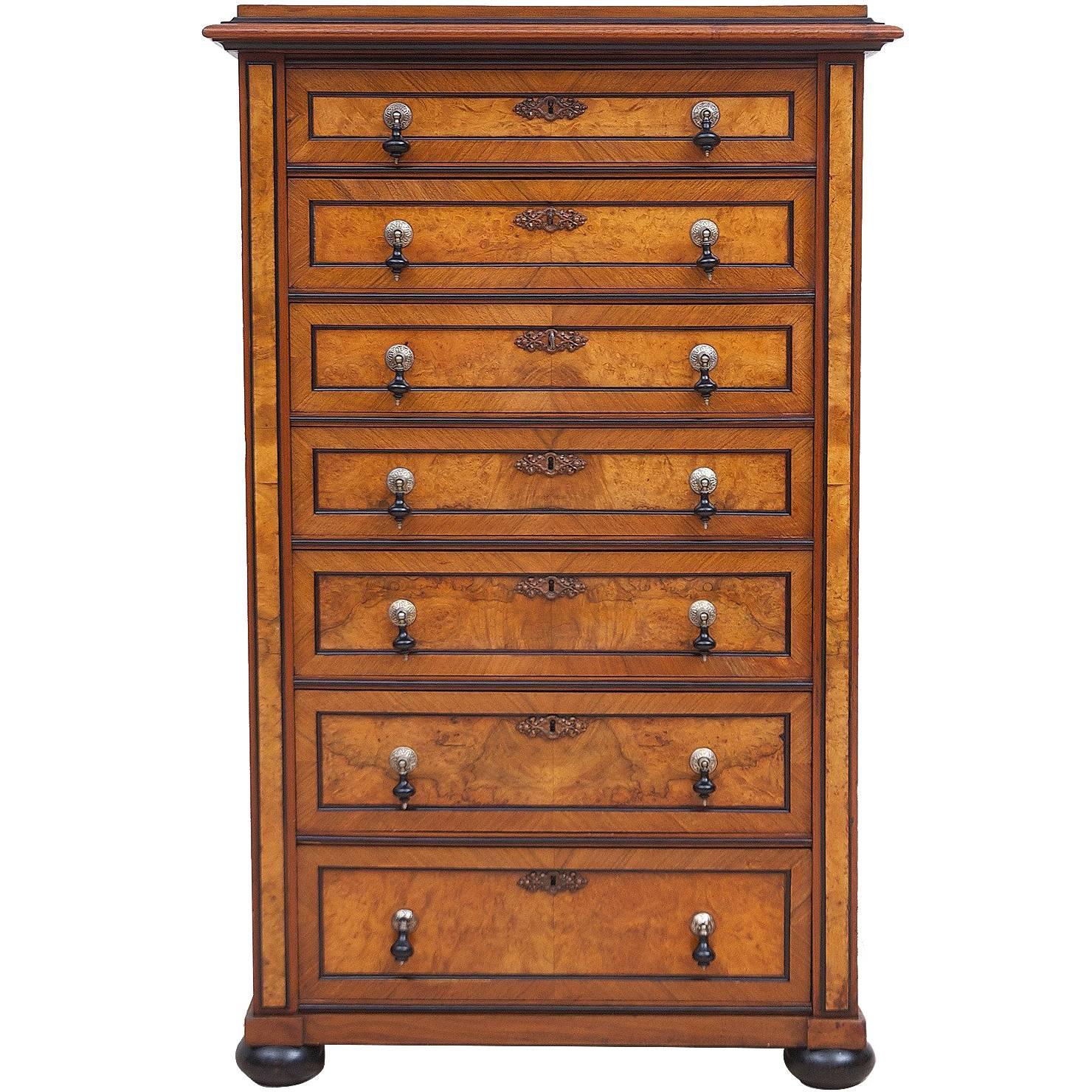 Scandinavian Tall Chest of Drawers in Figured Walnut with Original Hardware