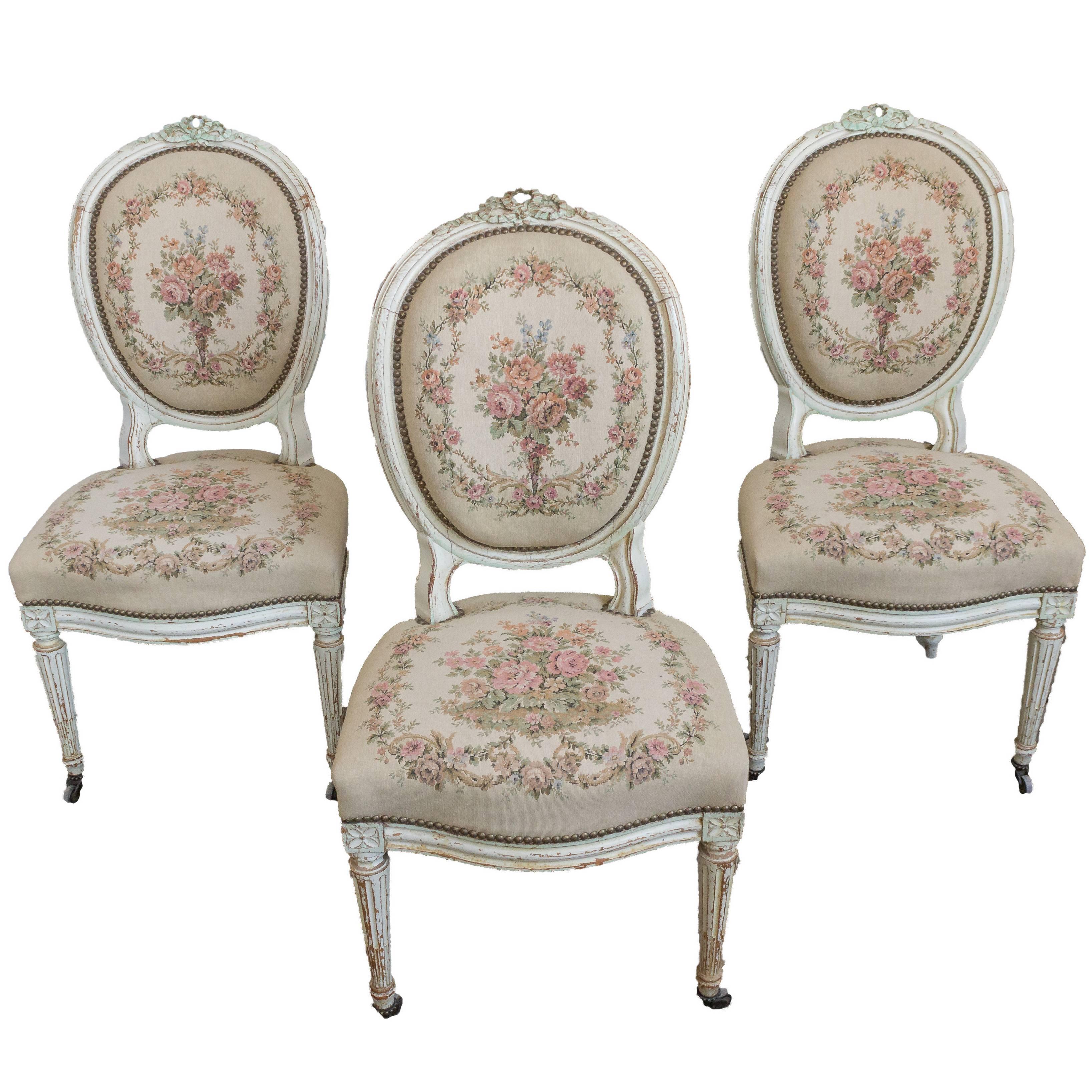 Set of Three French 19th Century Louis XVI Style Side Chairs For Sale