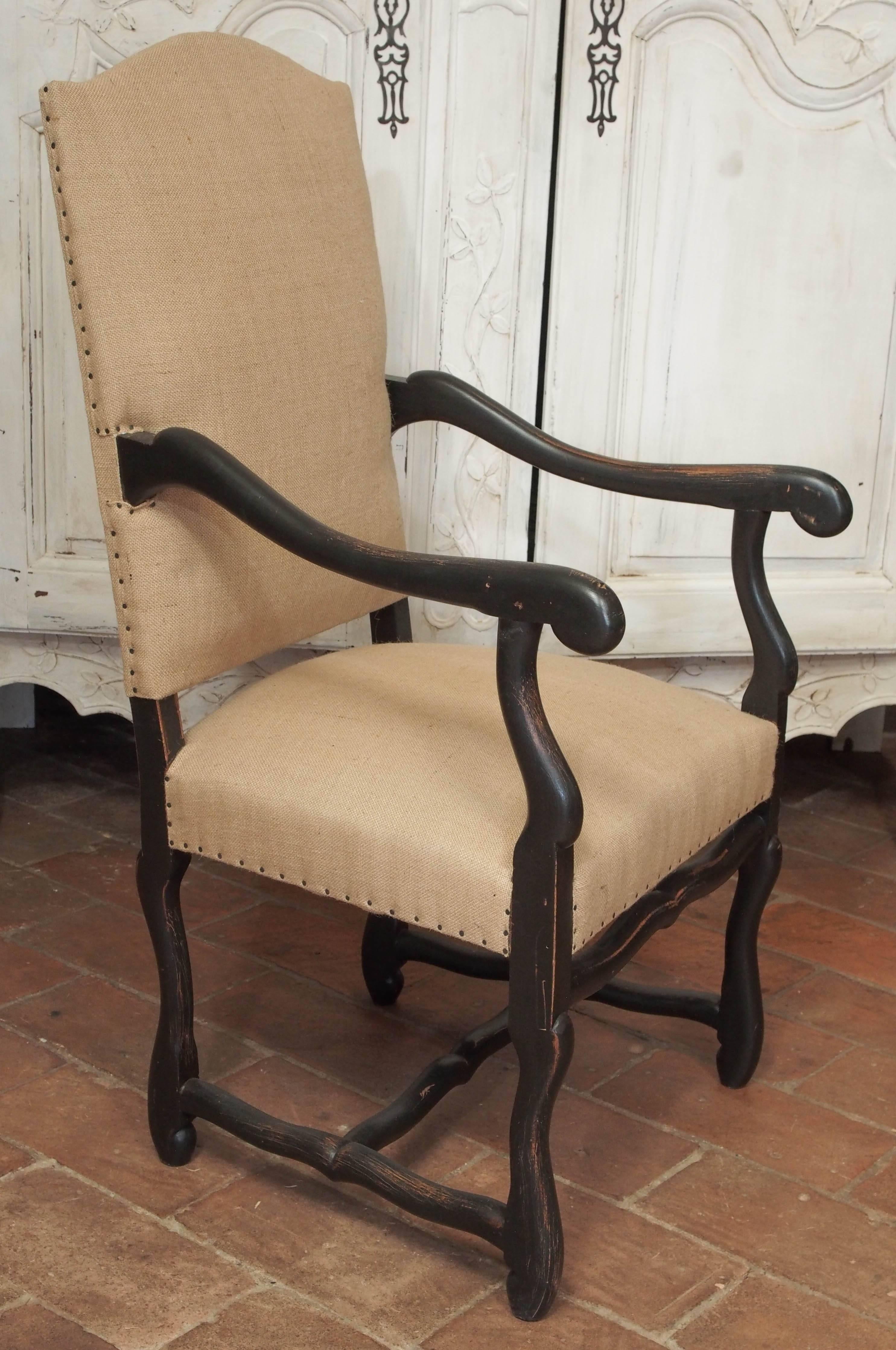 Suite of eight late 19th century painted Louis III style Os De Mouton chairs. Chairs upholstered in burlap with six sides and two armchairs, circa 1890.