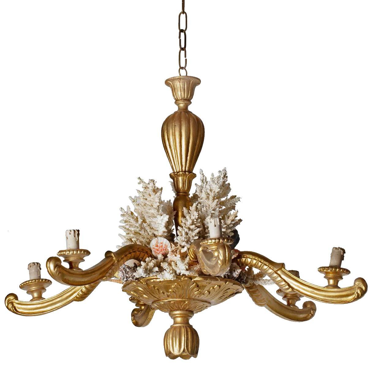 Continental Carved and Giltwood and Coral Mounted Six-Light Chandelier