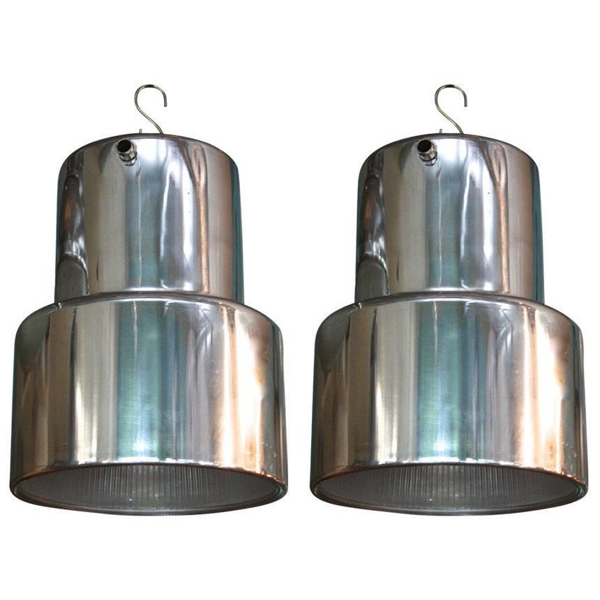 Polished Aluminum and Industrial Era Glass Pendant Lights For Sale