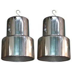 Used Polished Aluminum and Industrial Era Glass Pendant Lights