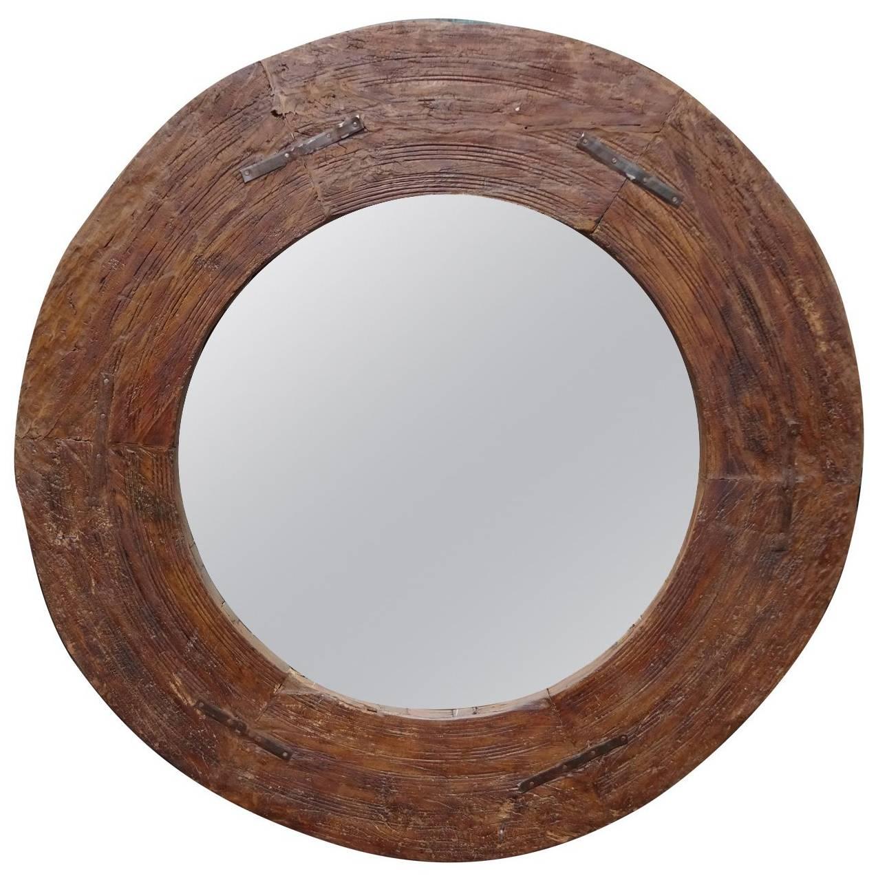 Rustic Iron and Wood Circular Mirror For Sale