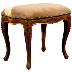 Italian Walnut Louis XV Style Carved Stool with Suede Upholstery
