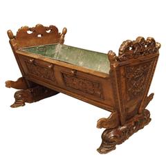 Used 18th Century French Walnut Wood Crib with Coat of Arms, Bourgogne