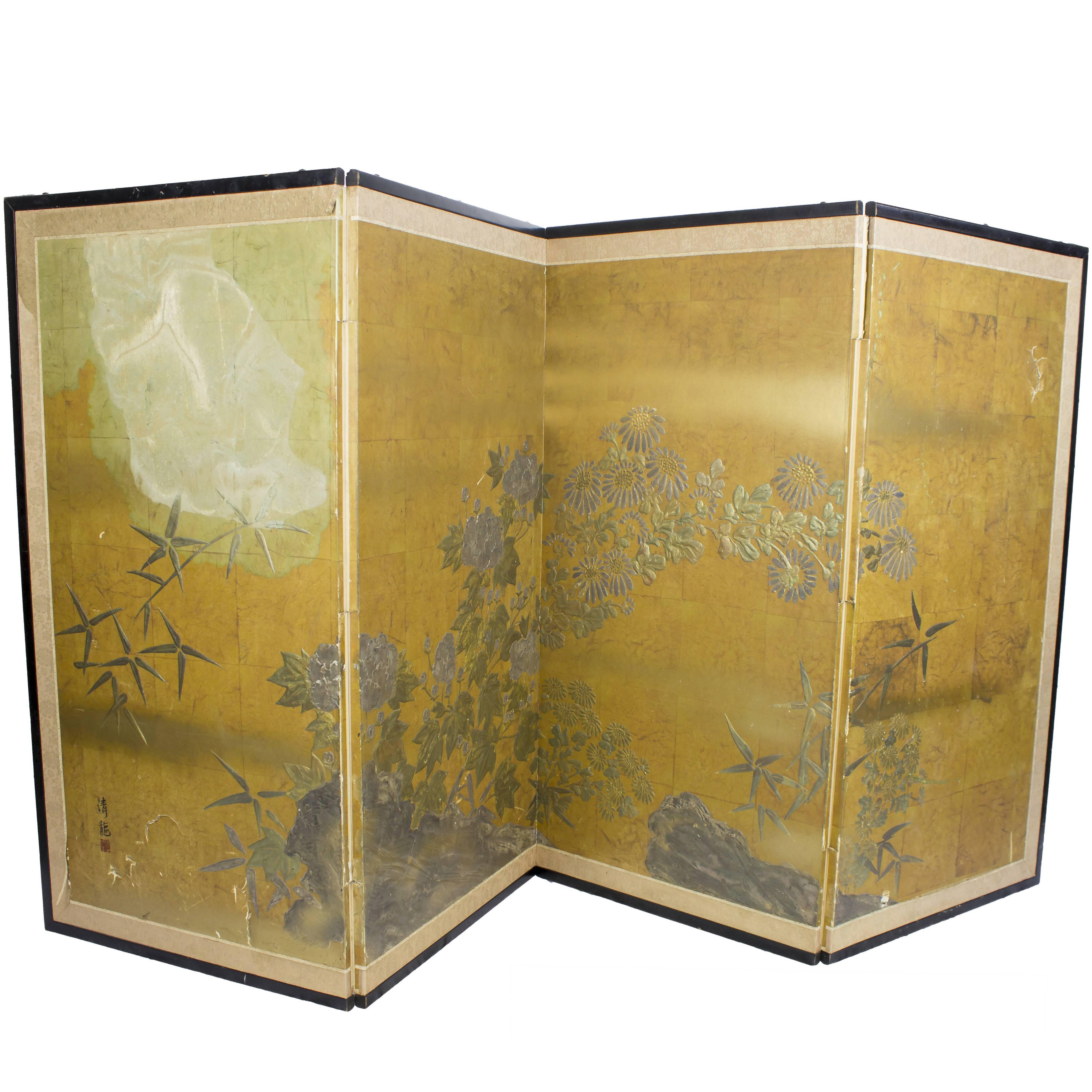 Japanese Handmade and Painted Four-Panel Screen