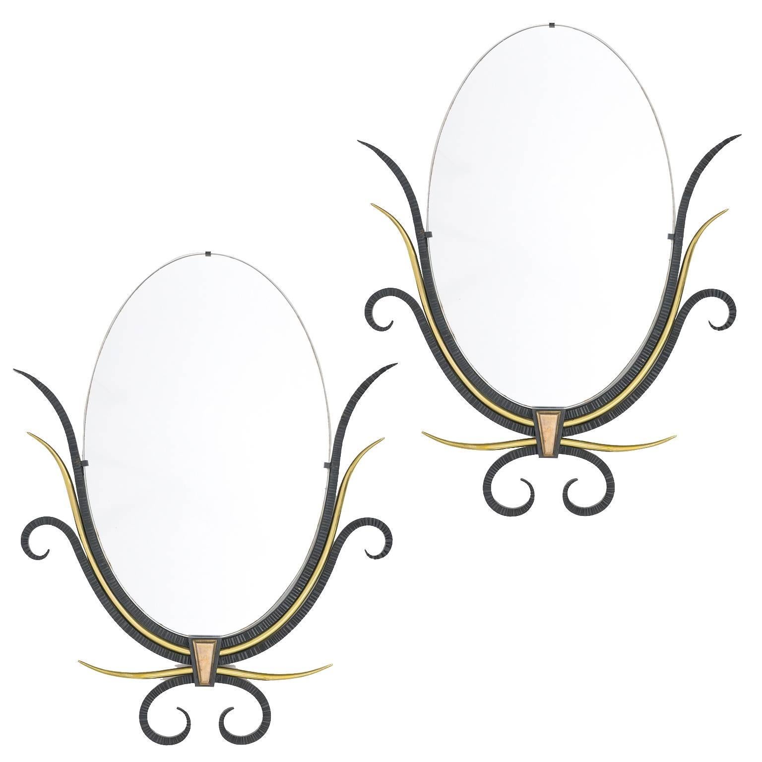 French Art Deco Wrought Iron and Brass Mirrors, 1930s