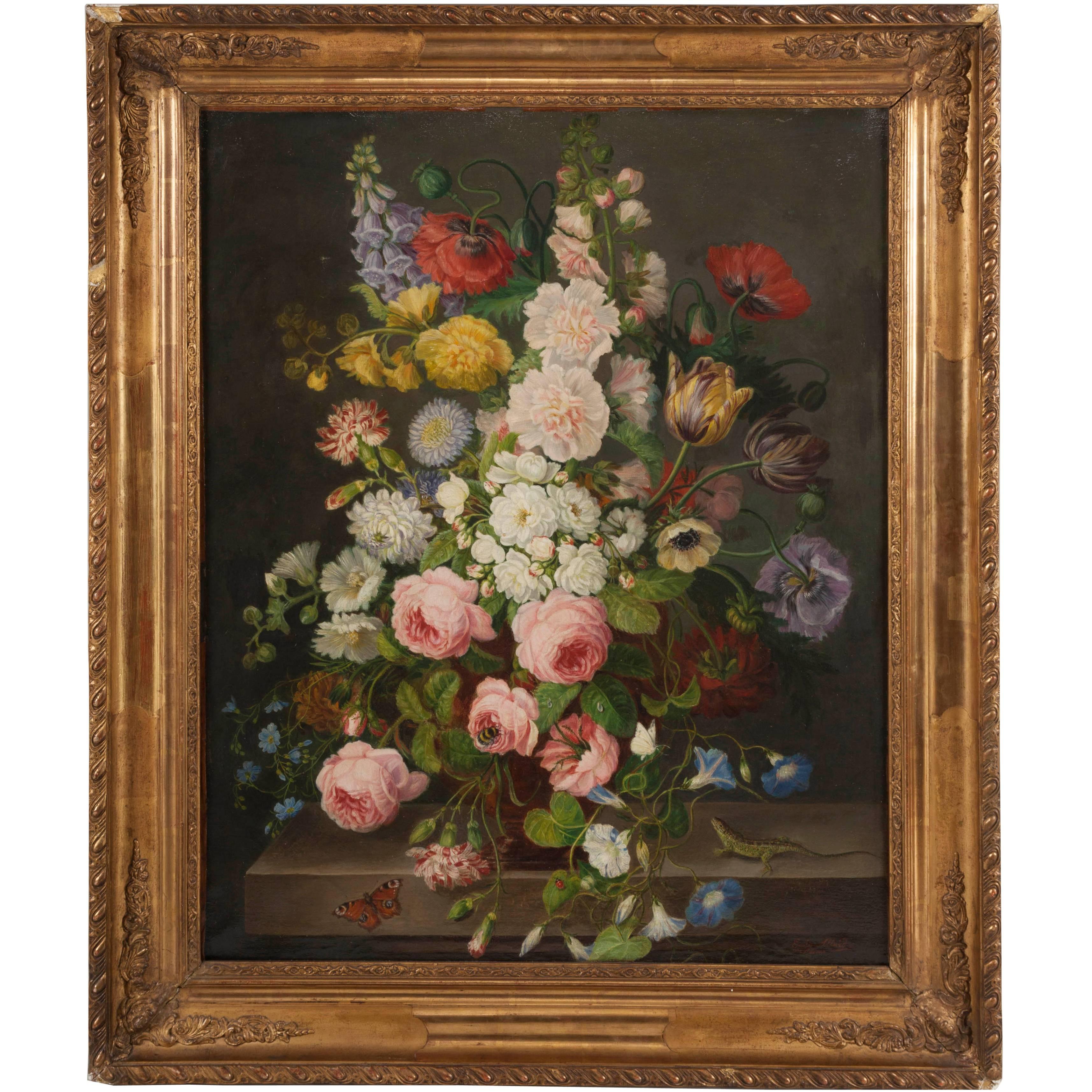 Still Life, Flower Bouquet with Lizard and Butterfly, Oil on Canvas