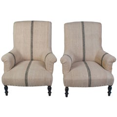 Pair of Napoleon III Fauteuils with Blue Band Antique Hemp