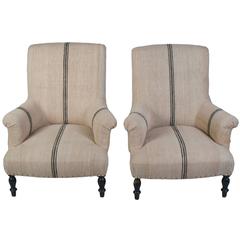 Pair of Napoleon III Fauteuils with Blue Band Antique Hemp