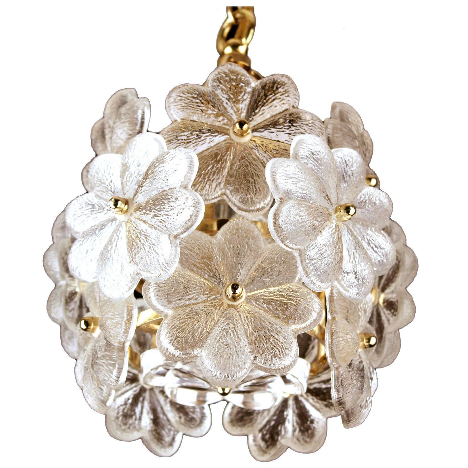 Austrian Palwa Glass Flower Pendant Light Brass Ceiling Lamp Floral Modernist 1960