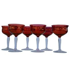 Set of Six Mid-Century Modern French Ruby Crystal Champagne Coupes 9
