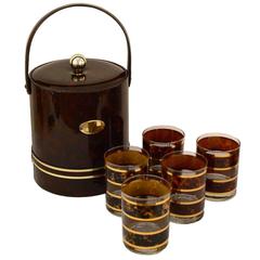 Georges Briard Faux Tortoiseshell and Gold Band Ice Bucket and Tumblers