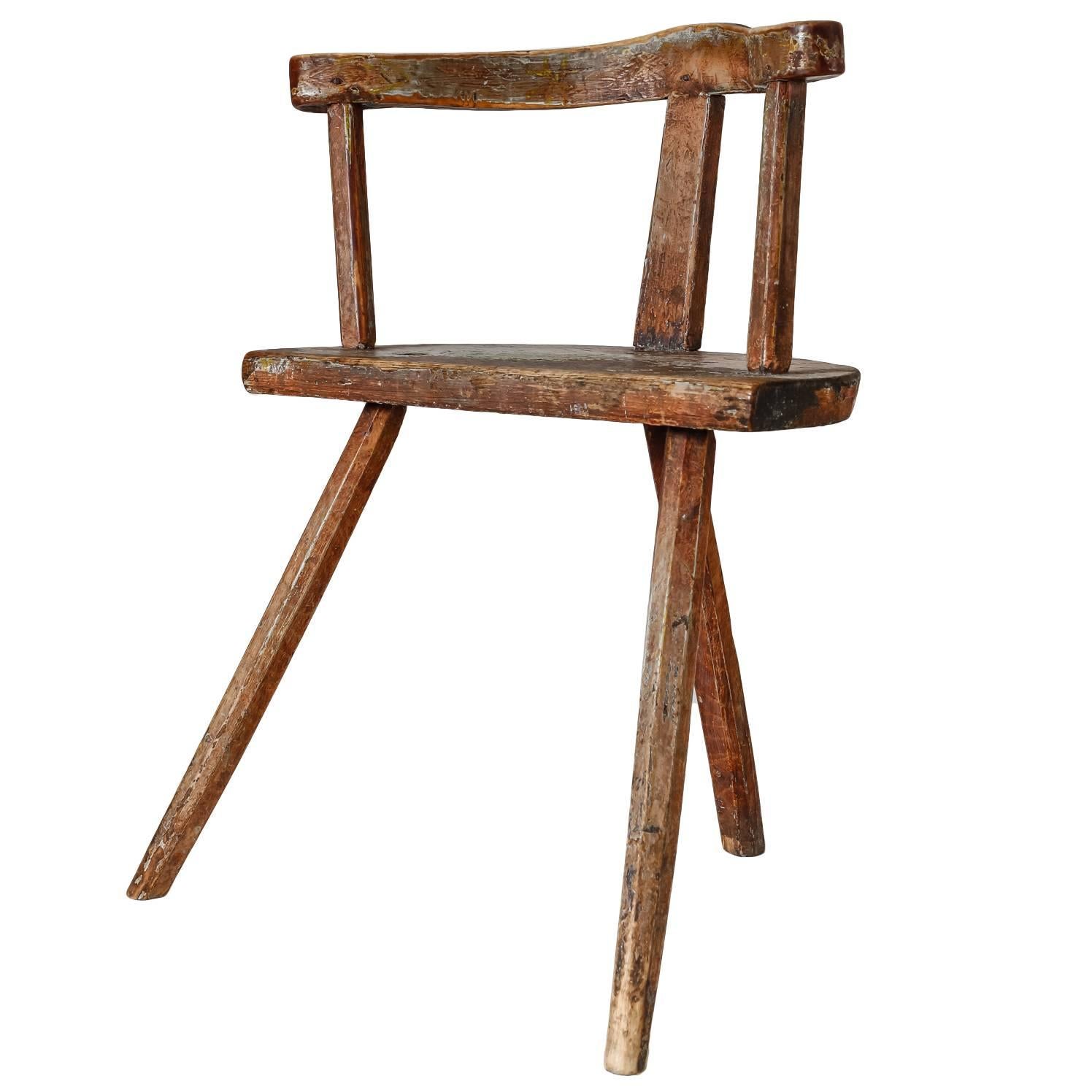 Swedish Wooden Folk Art Low Tripod Chair, 19th Century