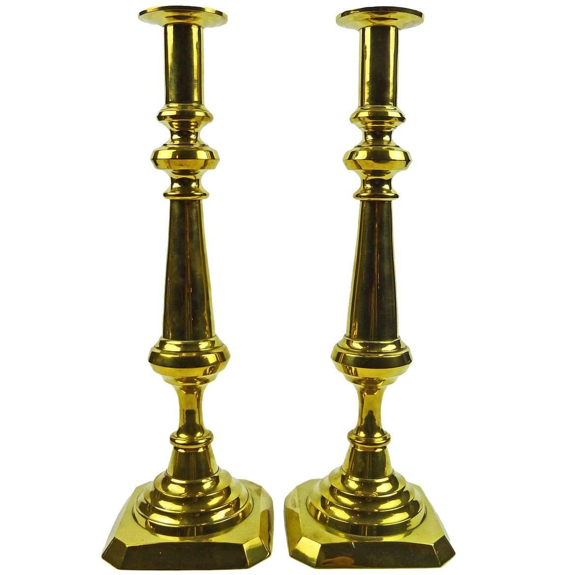 Pair of Tall English Brass “Push Up” Candlesticks, circa 1875